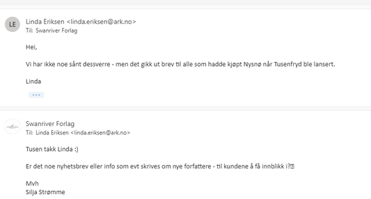 Info fra Ark om brev til tidligere kjøpere / av boken Nysnø