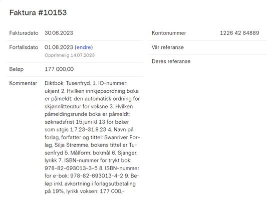 Faktura for 623 bøker + 150 e-bøker (ePub)